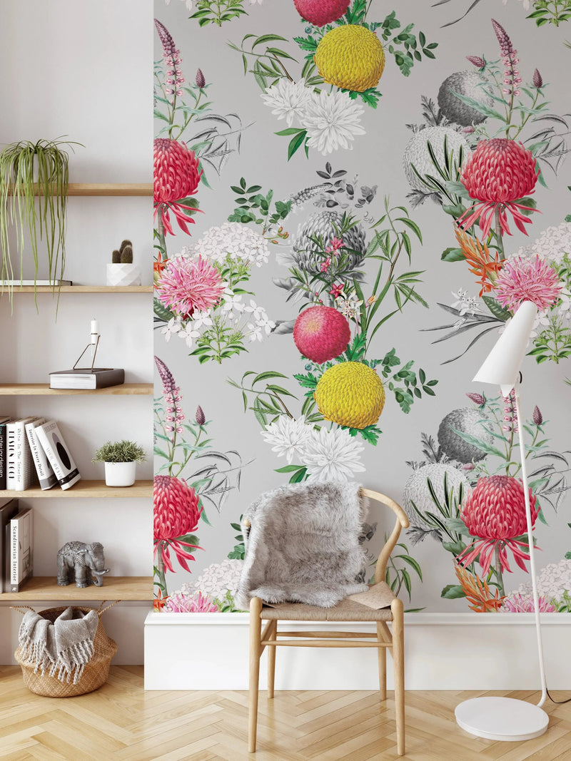 Verano In Grey - Pink Yellow and Grey Floral Wallpaper