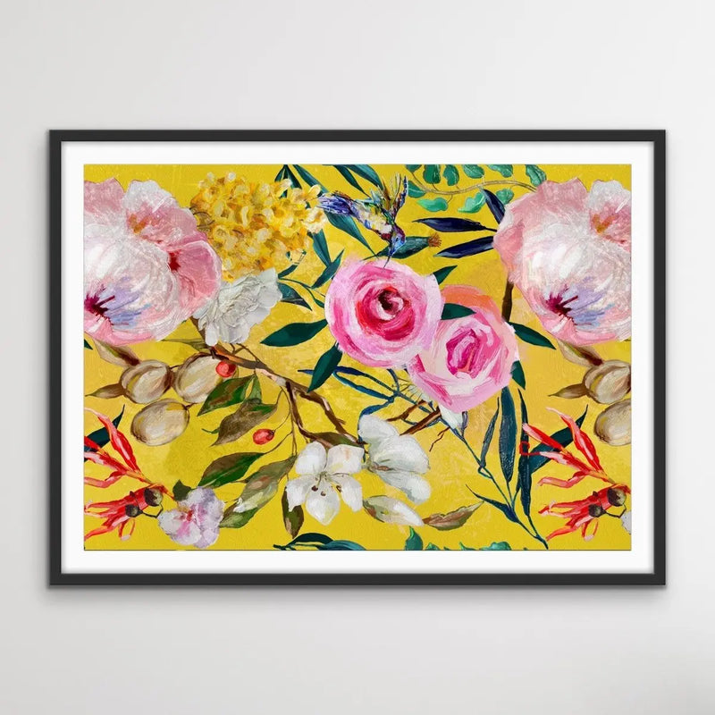 Walk In the Garden In Yellow - Bright Floral Artwork With Flowers Oil Painting Wall Art Print