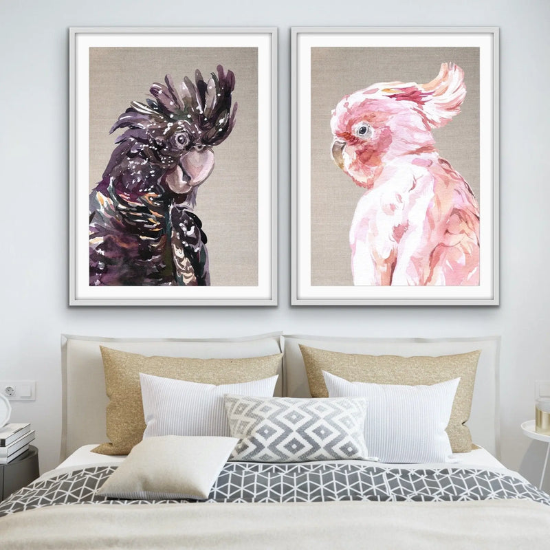 Watercolour Cockatoo Pair On Linen - Two Piece Black and Pink Cockatoo Prints
