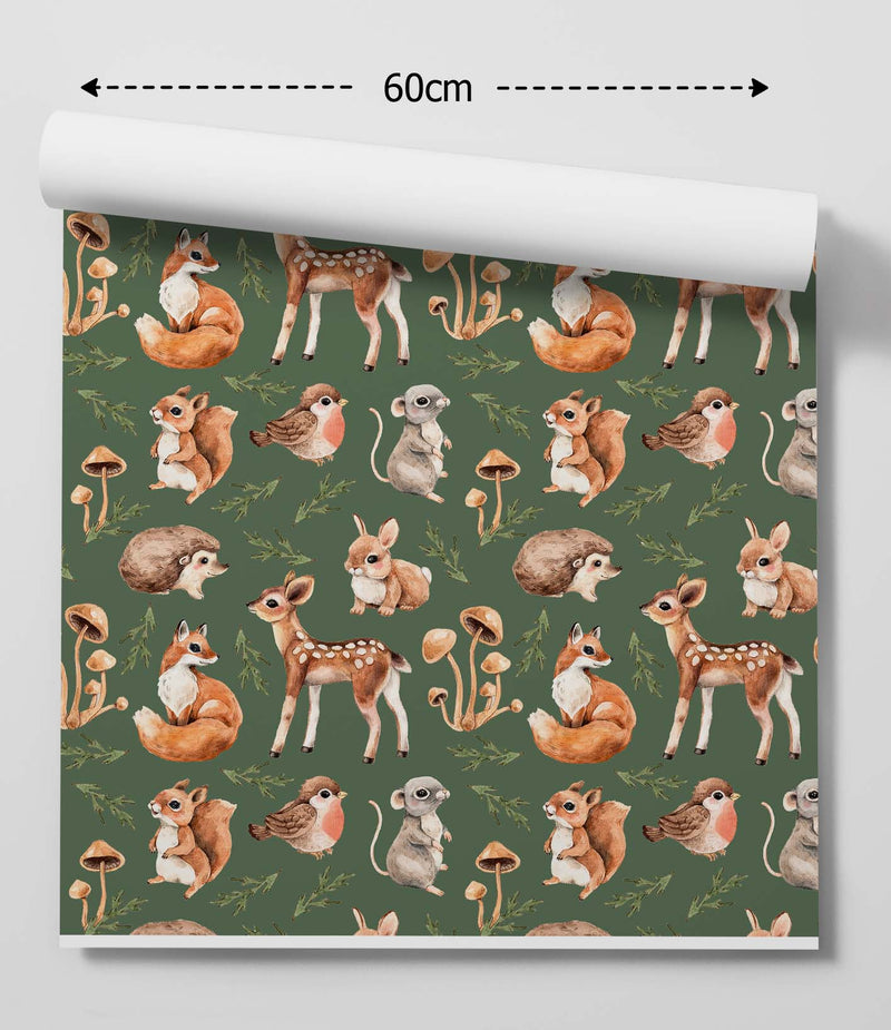 Woodland Animal On Green- Cute Woodland Animal Wallpaper With Deer Fox Squirrel and Robin (Copy) I Heart Wall Art Australia