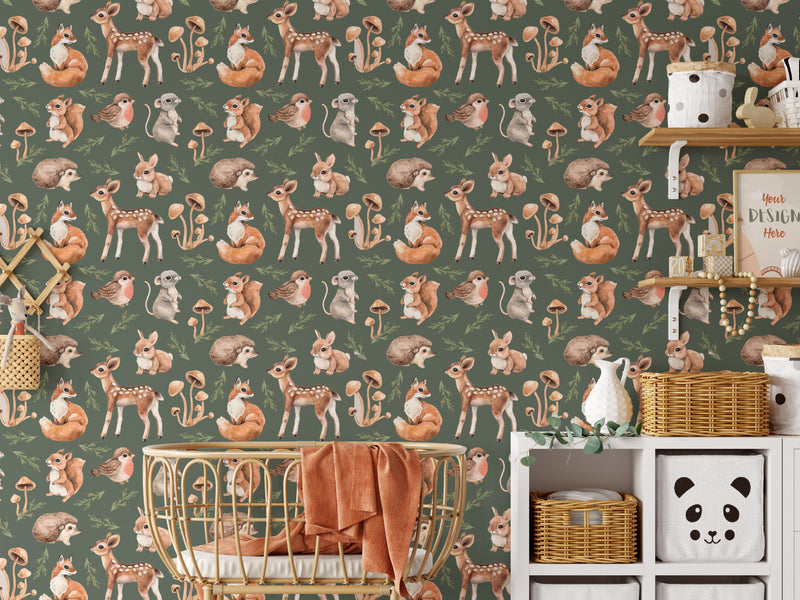 Woodland Animal On Green- Cute Woodland Animal Wallpaper With Deer Fox Squirrel and Robin (Copy) I Heart Wall Art Australia