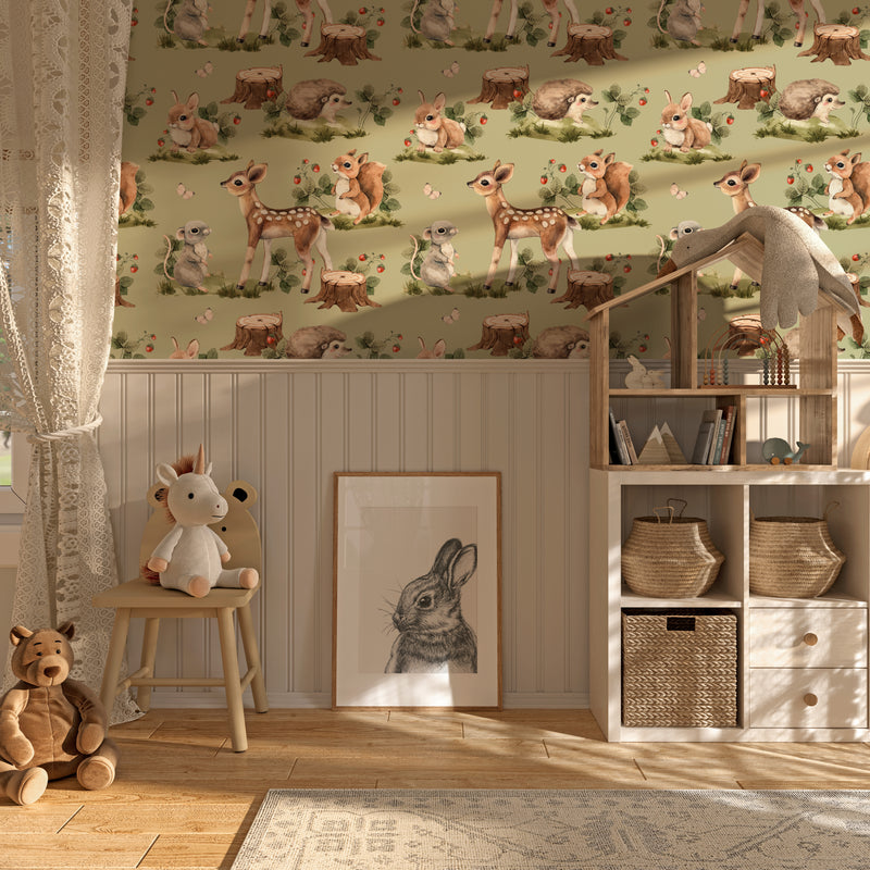 Woodland Scene- Cute Woodland Animal Wallpaper With Deer Fox Squirrel and Robin (Copy) I Heart Wall Art Australia