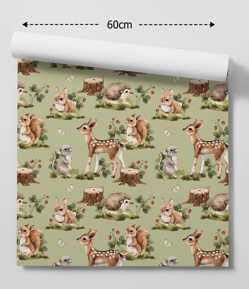 Woodland Scene- Cute Woodland Animal Wallpaper With Deer Fox Squirrel and Robin (Copy) I Heart Wall Art Australia