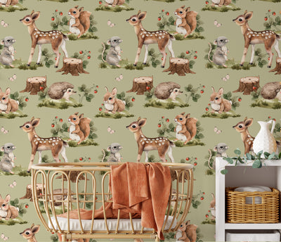 Woodland Scene- Cute Woodland Animal Wallpaper With Deer Fox Squirrel and Robin (Copy) I Heart Wall Art Australia