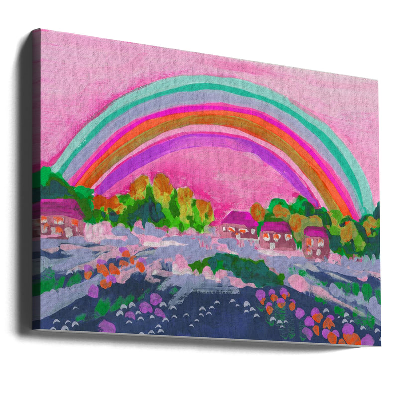 Countryside Rainbow On Pink - Stretched Canvas, Poster or Fine Art Print I Heart Wall Art