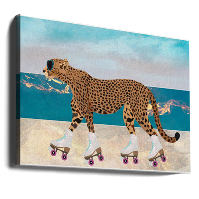 Cheetah Rollerskating Landscape Beach 01 - Stretched Canvas, Poster or Fine Art Print I Heart Wall Art