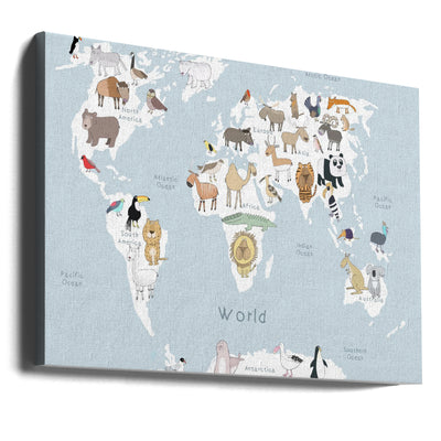 Illustrated Map of the World with Cute Animals - Stretched Canvas, Poster or Fine Art Print I Heart Wall Art