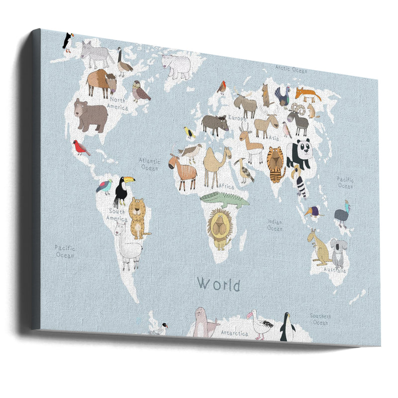 Illustrated Map of the World with Cute Animals - Stretched Canvas, Poster or Fine Art Print I Heart Wall Art