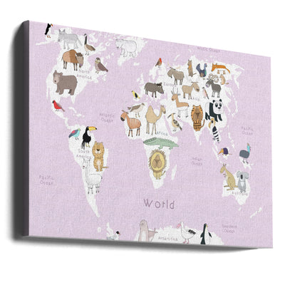 Illustrated Map of the World with Cute Animals - Stretched Canvas, Poster or Fine Art Print I Heart Wall Art