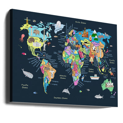 Educational Illustrated Map of the World for Kids - Stretched Canvas, Poster or Fine Art Print I Heart Wall Art