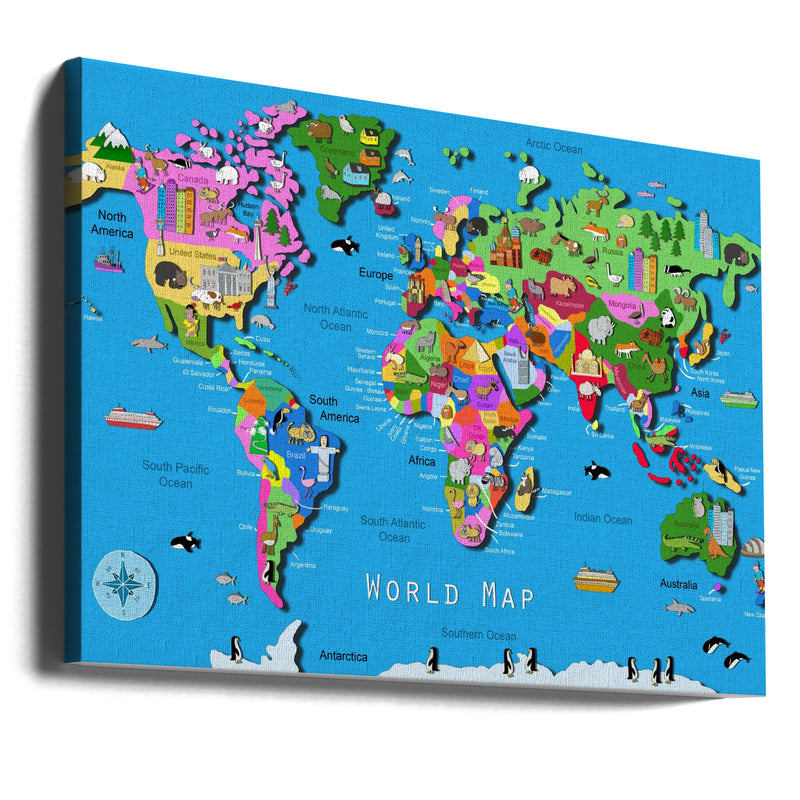 Illustrated World Map with Countries and Continents by Carla Daly - Stretched Canvas, Poster or Fine Art Print I Heart Wall Art