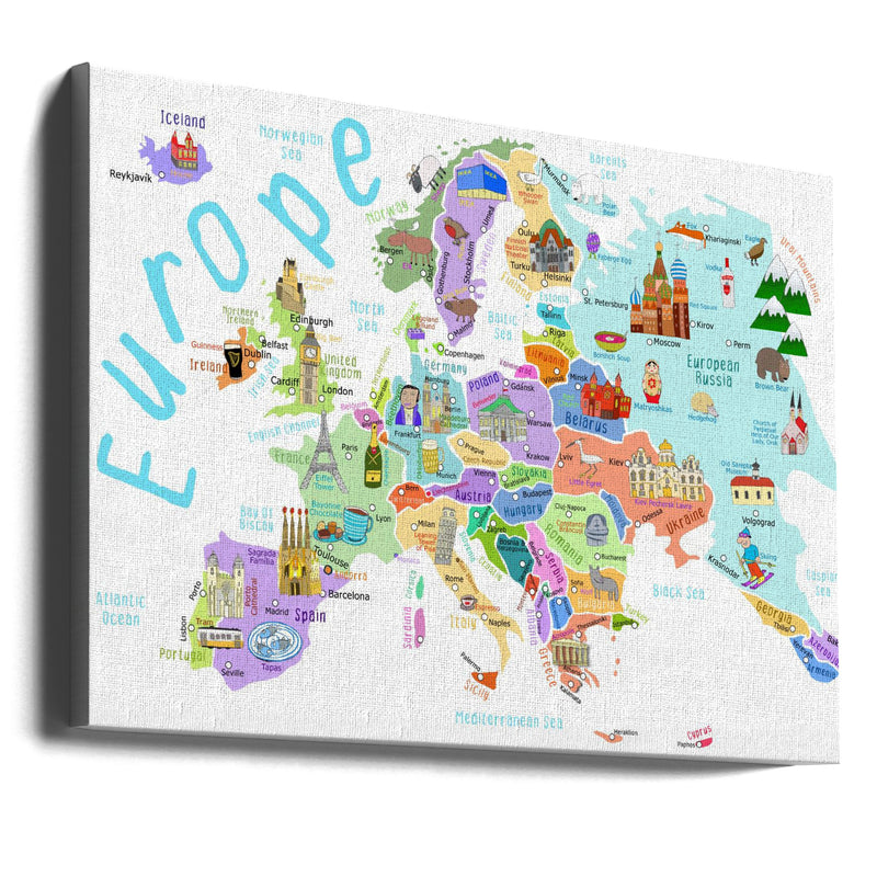 Illustrated Map of Europe by Map Illustrator Carla Daly - Stretched Canvas, Poster or Fine Art Print I Heart Wall Art