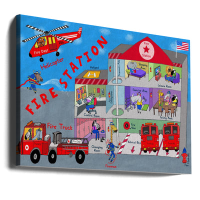 Firemen and the Fire Station by Artist Carla Daly - Stretched Canvas, Poster or Fine Art Print I Heart Wall Art