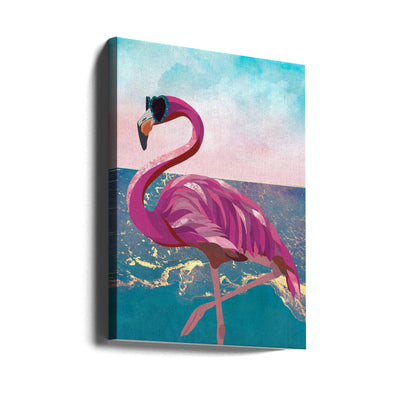 Flamingo goes to the beach - Stretched Canvas, Poster or Fine Art Print I Heart Wall Art