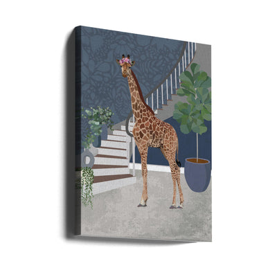 Giraffe by the stairs - Stretched Canvas, Poster or Fine Art Print I Heart Wall Art