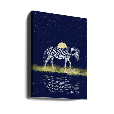 Zebra Waterhole Moonrise - Stretched Canvas, Poster or Fine Art Print I Heart Wall Art