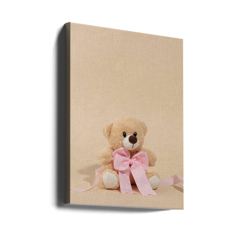 Teddy Bear with Pink Bow - Stretched Canvas, Poster or Fine Art Print I Heart Wall Art