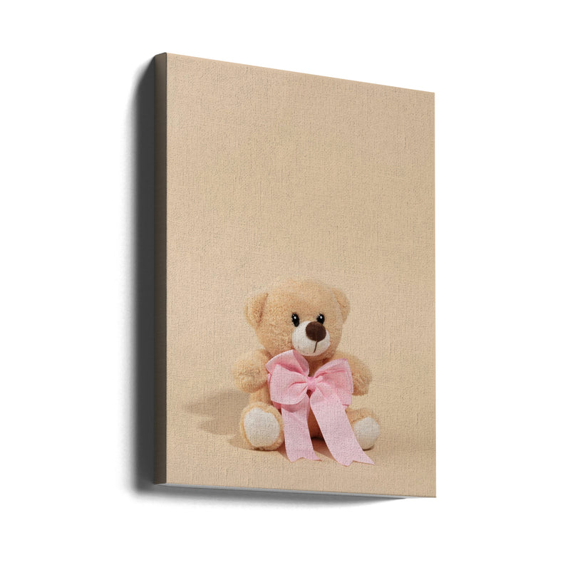 Teddy Bear with Pink Bow - Stretched Canvas, Poster or Fine Art Print I Heart Wall Art