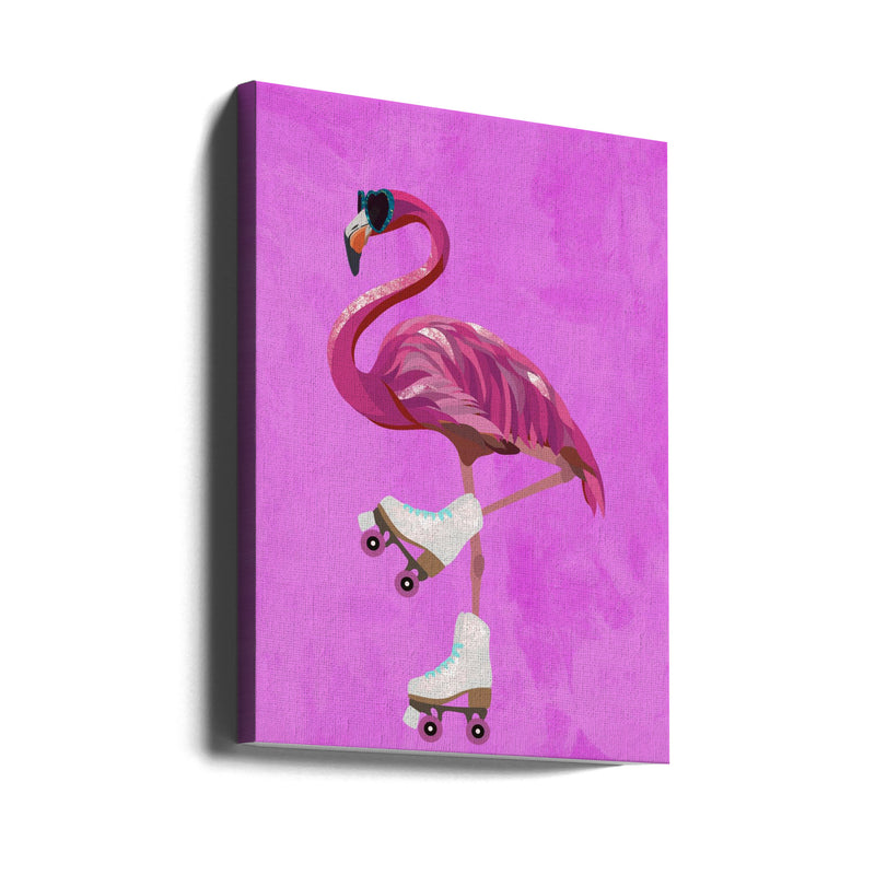 Pink Flamingo Roller Skating - Stretched Canvas, Poster or Fine Art Print I Heart Wall Art