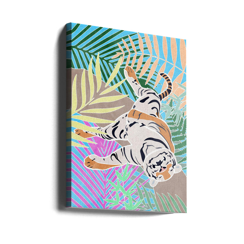 Tiger Sleepling in colourful jungle - Stretched Canvas, Poster or Fine Art Print I Heart Wall Art