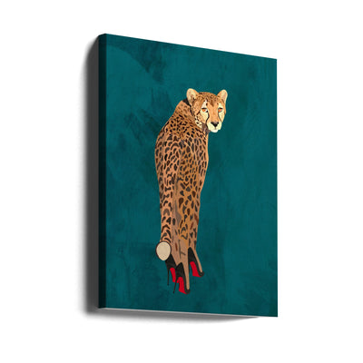 Turquoise cheetah in heels - Stretched Canvas, Poster or Fine Art Print I Heart Wall Art