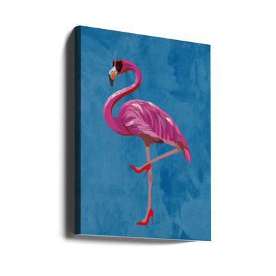 Flamingo in heels and heart glasses blue - Stretched Canvas, Poster or Fine Art Print I Heart Wall Art