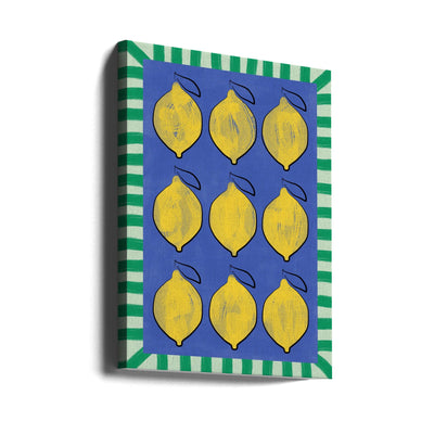 Vibrant Yellow Lemons on a Deep Blue - Stretched Canvas, Poster or Fine Art Print I Heart Wall Art