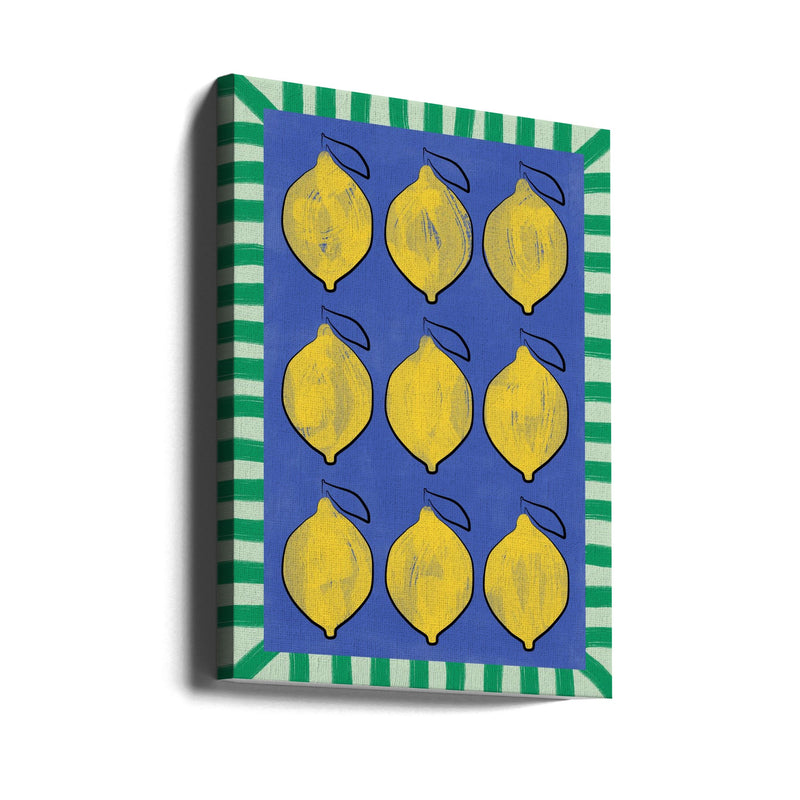 Vibrant Yellow Lemons on a Deep Blue - Stretched Canvas, Poster or Fine Art Print I Heart Wall Art