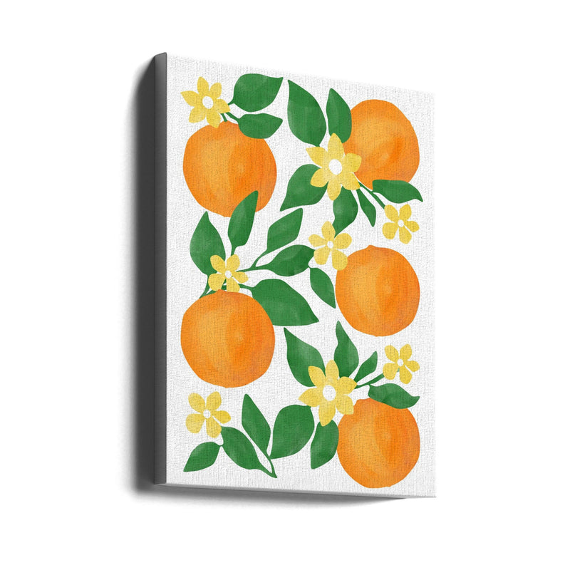 Oranges with Green Leaves and Delicate Yellow Flowers - Stretched Canvas, Poster or Fine Art Print I Heart Wall Art