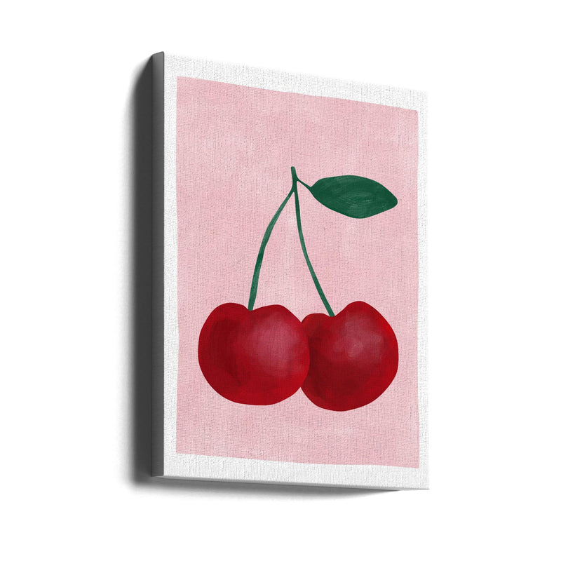 Red Cherries with a Green Leaf - Stretched Canvas, Poster or Fine Art Print I Heart Wall Art