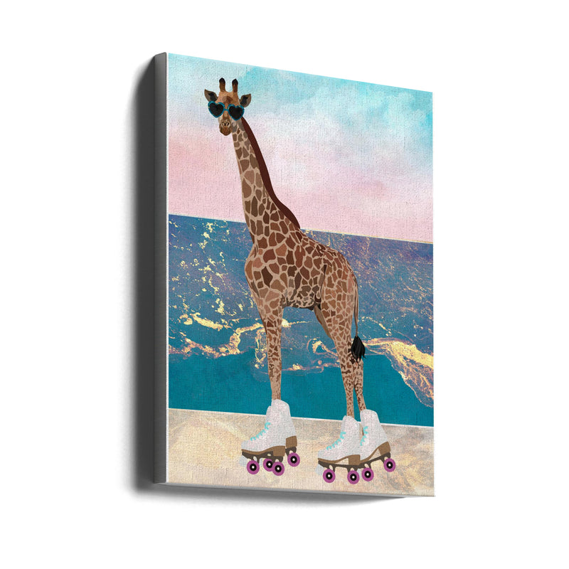 Giraffe On Holiday rollerskating - Stretched Canvas, Poster or Fine Art Print I Heart Wall Art