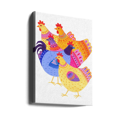 Colour Hens and Cockerel - Stretched Canvas, Poster or Fine Art Print I Heart Wall Art