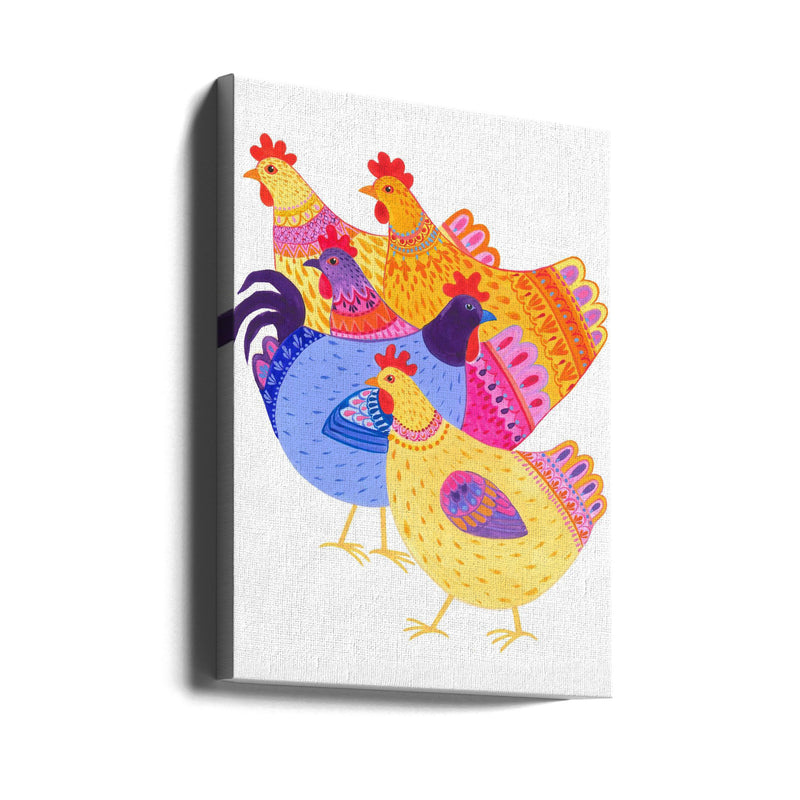 Colour Hens and Cockerel - Stretched Canvas, Poster or Fine Art Print I Heart Wall Art