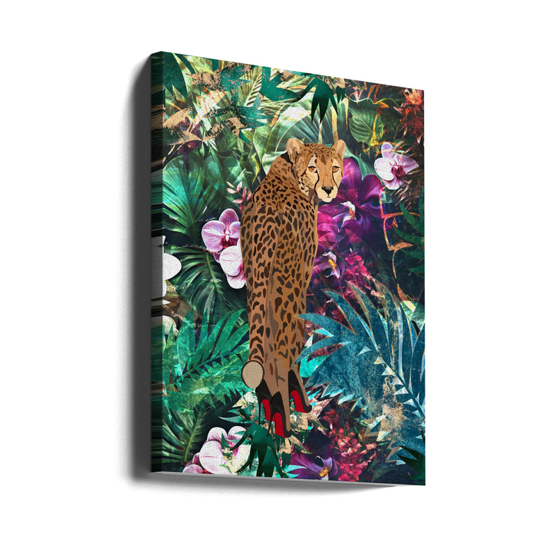 Tropical Floral Jungle - Cheetah in heels - Stretched Canvas, Poster or Fine Art Print I Heart Wall Art