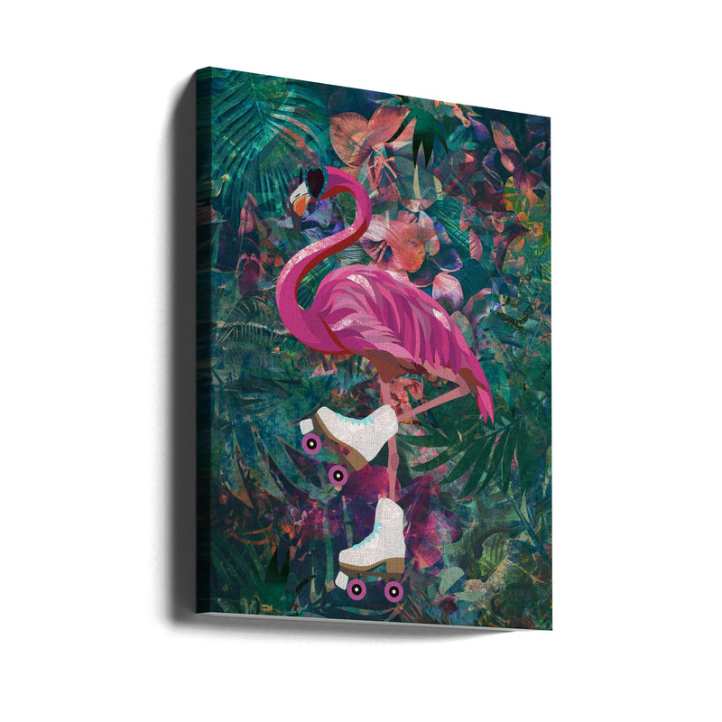 Tropical Floral Jungle - FLamingo rollerskating - Stretched Canvas, Poster or Fine Art Print I Heart Wall Art