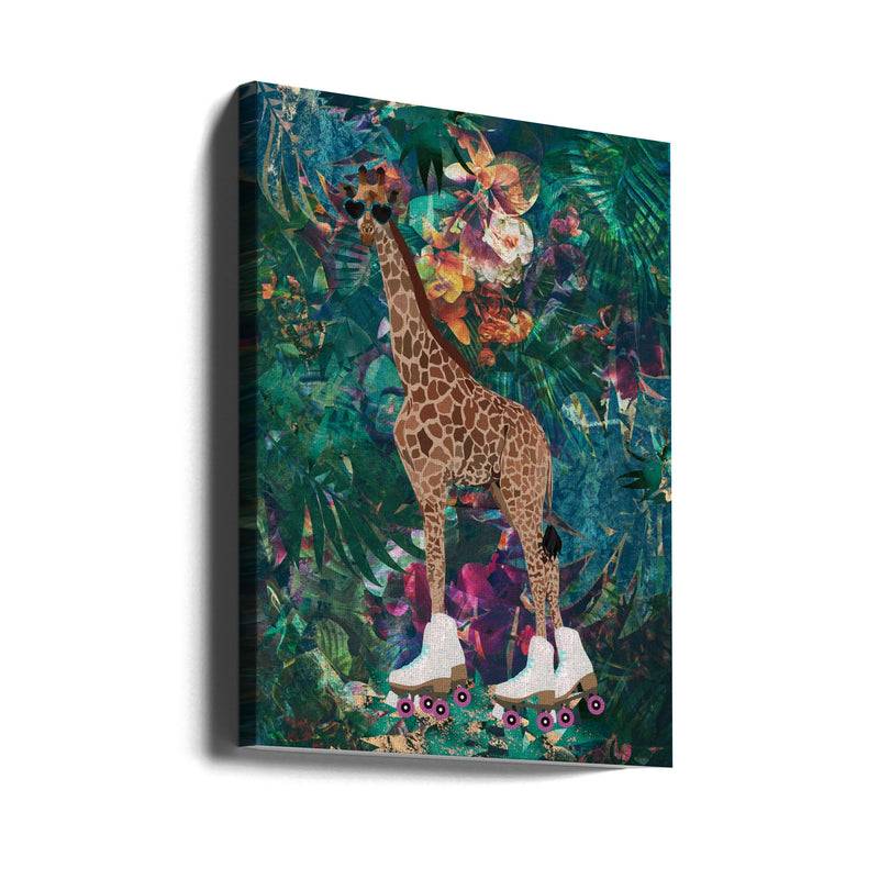 Tropical Floral Jungle - Giraffe rollerskating - Stretched Canvas, Poster or Fine Art Print I Heart Wall Art