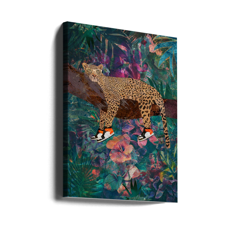 Tropical Floral Jungle - Leopard wearing shoes - Stretched Canvas, Poster or Fine Art Print I Heart Wall Art