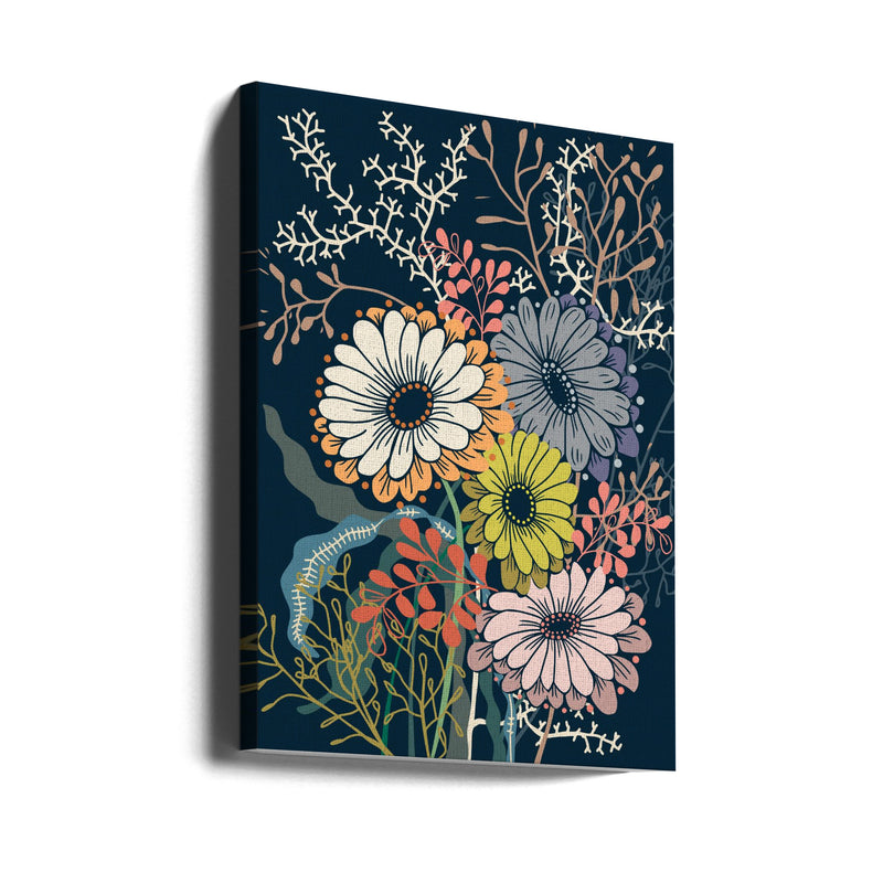 Springtime Daisies Dark Blue - Stretched Canvas, Poster or Fine Art Print I Heart Wall Art