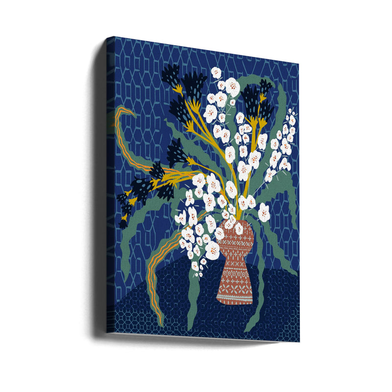 Floral Contemporary Still Life Dark Blue - Stretched Canvas, Poster or Fine Art Print I Heart Wall Art