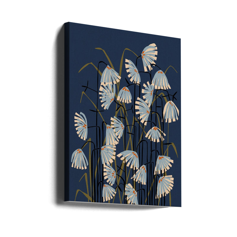 Linocut Flower Meadow Blue - Stretched Canvas, Poster or Fine Art Print I Heart Wall Art