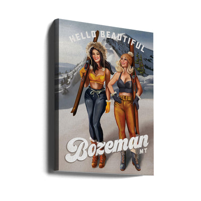 Hello Beautiful Bozeman Montana Ski Pinup Girls - Stretched Canvas, Poster or Fine Art Print I Heart Wall Art