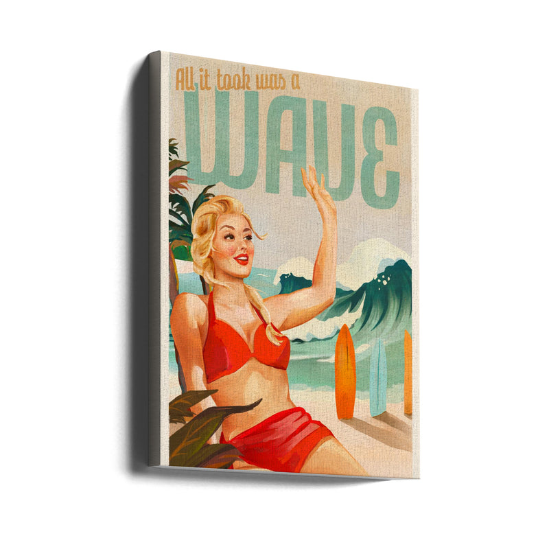 Surfing Pinup Girl On Beach In Bikini - Stretched Canvas, Poster or Fine Art Print I Heart Wall Art