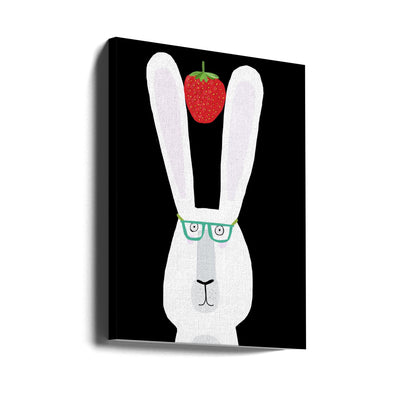 Cute White Rabbit with Strawberry by Artist Carla Daly - Stretched Canvas, Poster or Fine Art Print I Heart Wall Art