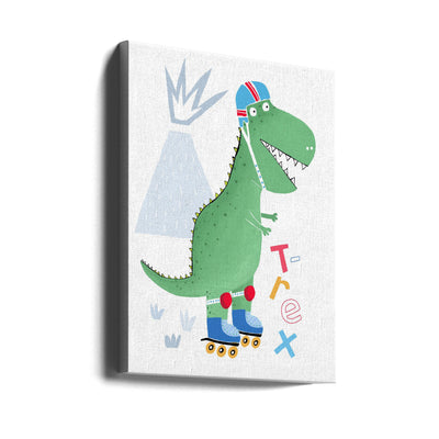 Funny T-Rex on Rollerblades with Volcano by Artist Carla Daly - Stretched Canvas, Poster or Fine Art Print I Heart Wall Art