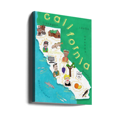 Illustrated Map of California with Ocean by Carla Daly - Stretched Canvas, Poster or Fine Art Print I Heart Wall Art