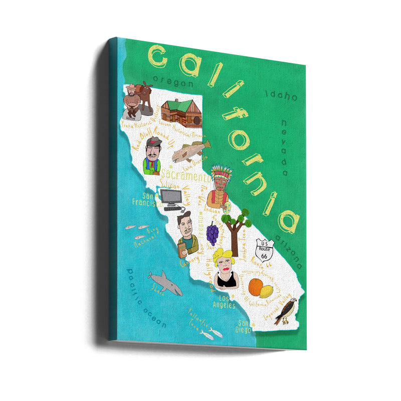 Illustrated Map of California with Ocean by Carla Daly - Stretched Canvas, Poster or Fine Art Print I Heart Wall Art