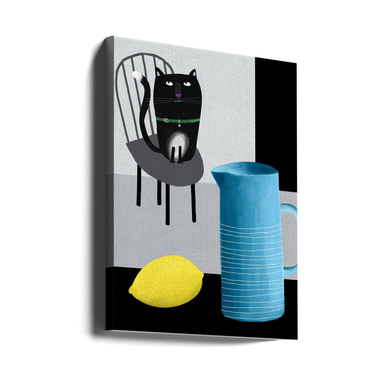 Cute Black Cat sitting on a Chair with Blue Vase and Lemon - Stretched Canvas, Poster or Fine Art Print I Heart Wall Art