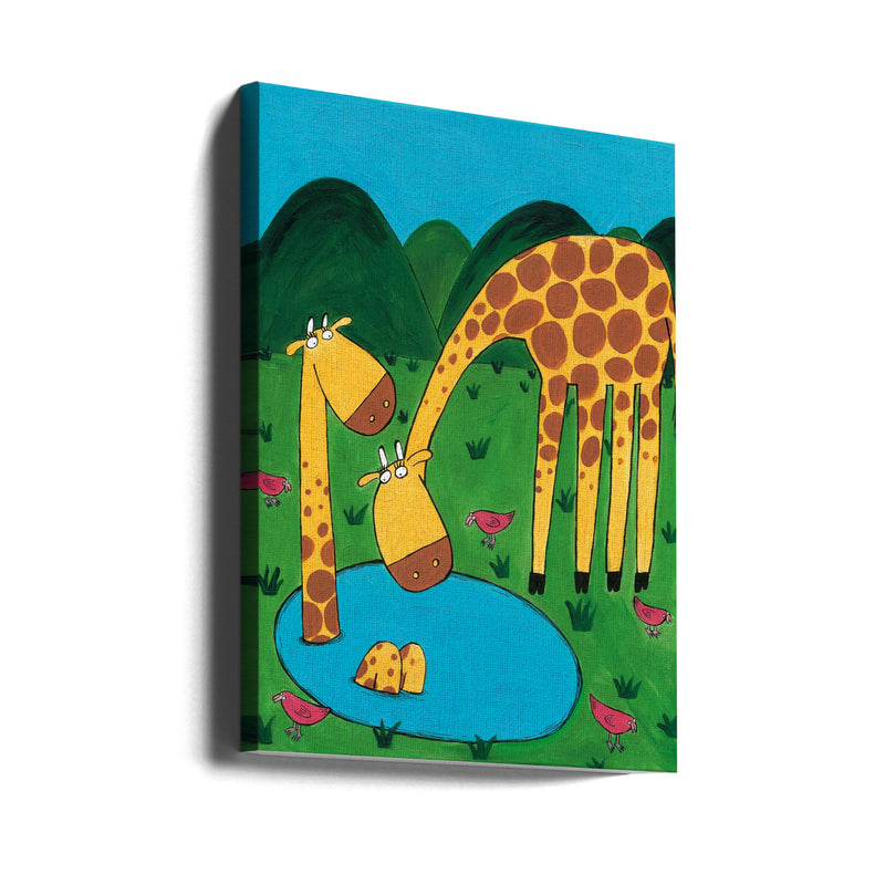 Mommy with Baby Giraffe in a Watering Hole by Artist Carla Daly - Stretched Canvas, Poster or Fine Art Print I Heart Wall Art