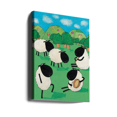 Funny Sheep Dancing in a Green Field by Artist Carla Daly - Stretched Canvas, Poster or Fine Art Print I Heart Wall Art