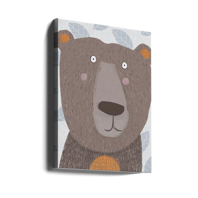 Cute Brown Bear with Grey Leaf Pattern by Artist Carla - Stretched Canvas, Poster or Fine Art Print I Heart Wall Art